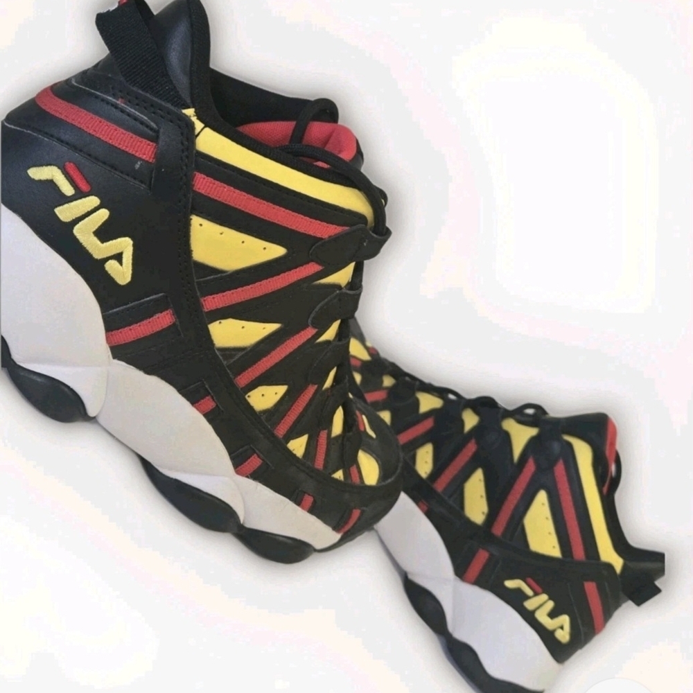 Fila Stackhouse Mens US 9.5 Black Yellow Red Retro Basketball High Top Sneakers